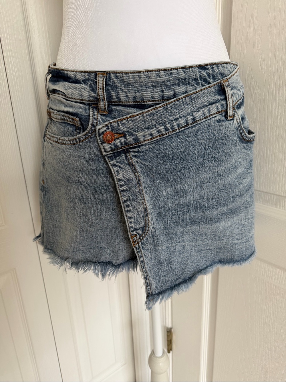 Pilcro Light Blue Frayed Asymmetric Denim Shorts by Anthropologie